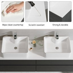"60"" Black Floating Bathroom Vanity Set Cultured Marble Top with Ceramic Vessel Sink" - thumbnail 6
