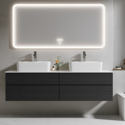 "60"" Black Floating Bathroom Vanity Set Cultured Marble Top with Ceramic Vessel Sink" - thumbnail 2