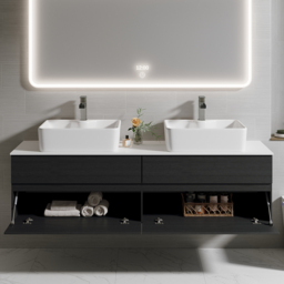"60"" Black Floating Bathroom Vanity Set Cultured Marble Top with Ceramic Vessel Sink" - thumbnail 4