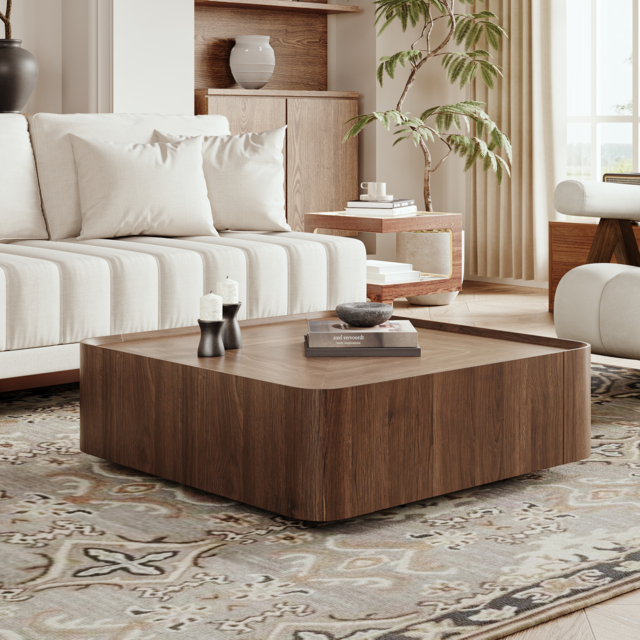 "35"" Walnut Square Coffee Table with Storage Mid-Century Modern Block Living Room Table" - image 1
