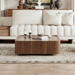 "35"" Walnut Square Coffee Table with Storage Mid-Century Modern Block Living Room Table" - thumbnail 2