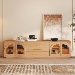 Arune 2032 mm Mid-Century Modern Black TV Stand Coffee Table Set with LED Lights and Arched Glass Cabinet Doors - thumbnail 5