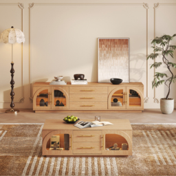 Arune 2032 mm Mid-Century Modern Black TV Stand Coffee Table Set with LED Lights and Arched Glass Cabinet Doors