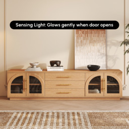 Arune 2032 mm Mid-Century Modern Black TV Stand Coffee Table Set with LED Lights and Arched Glass Cabinet Doors - thumbnail 3