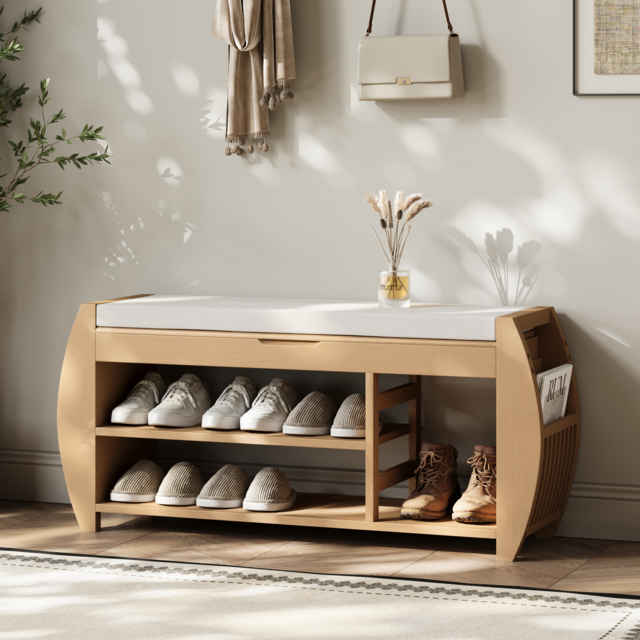 100 cm Solid Wood Natural Shoe Storage Entryway Bench with Shoe Rack - image 1