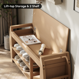 100 cm Solid Wood Natural Shoe Storage Entryway Bench with Shoe Rack - thumbnail 4