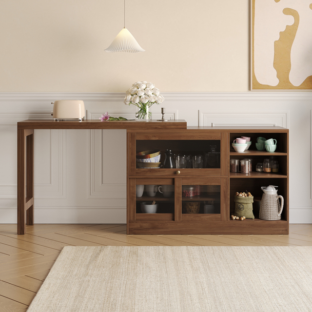 "47"" Walnut Storage Sideboard Cabinet Extendable Wood Buffet Foldable Dining Table" - image 1