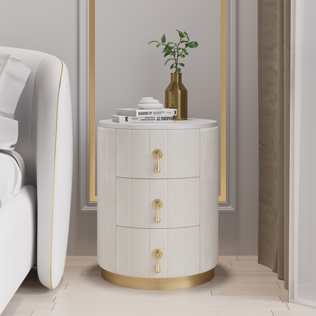 White Velvet Nightstand with Storage Round Nightstand with 3 Drawers Stone Top Set of 2 - image 1