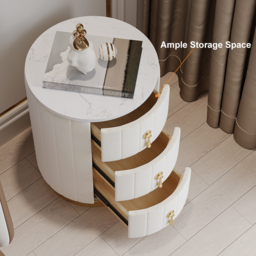 White Velvet Nightstand with Storage Round Nightstand with 3 Drawers Stone Top Set of 2 - thumbnail 5