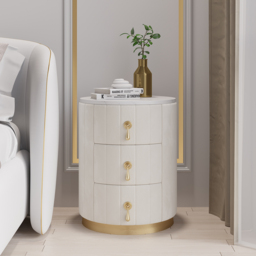 White Velvet Nightstand with Storage Round Nightstand with 3 Drawers Stone Top Set of 2 - thumbnail 1