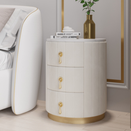 White Velvet Nightstand with Storage Round Nightstand with 3 Drawers Stone Top Set of 2 - thumbnail 2