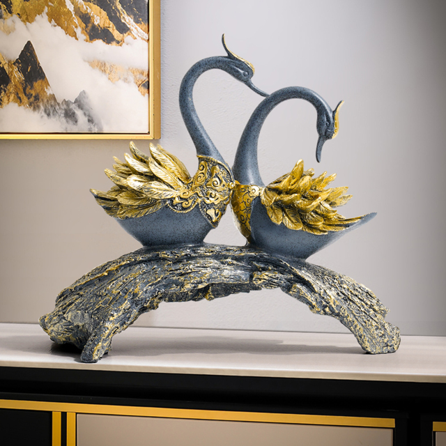 360mm Blue & Gold Simulation Couple Swan Sculpture Art Ornament Table Statue Decor - image 1