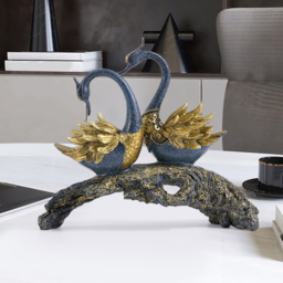 360mm Blue & Gold Simulation Couple Swan Sculpture Art Ornament Table Statue Decor - thumbnail 6
