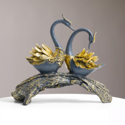 360mm Blue & Gold Simulation Couple Swan Sculpture Art Ornament Table Statue Decor - thumbnail 5