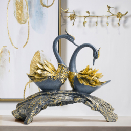 360mm Blue & Gold Simulation Couple Swan Sculpture Art Ornament Table Statue Decor - thumbnail 4
