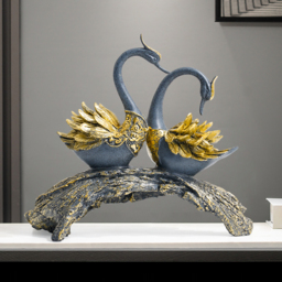 360mm Blue & Gold Simulation Couple Swan Sculpture Art Ornament Table Statue Decor - thumbnail 3