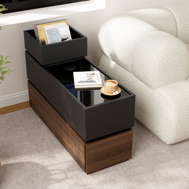 Sintered Stone Top Narrow Smart Side Table with Storage Modern Black & Walnut End Table with USB Charging - image 1