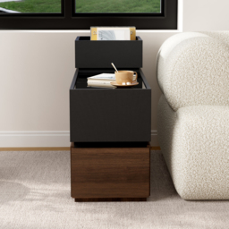 Sintered Stone Top Narrow Smart Side Table with Storage Modern Black & Walnut End Table with USB Charging - thumbnail 2