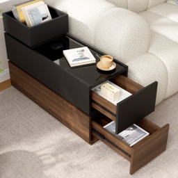 Sintered Stone Top Narrow Smart Side Table with Storage Modern Black & Walnut End Table with USB Charging - thumbnail 3