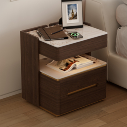 Modern Smart Walnut Bedside Table with Wireless Charger & Sensor Light & Bluetooth Speakers Sintered Stone Bedside Table