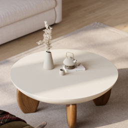 Curva Round Small Modern Beige & Walnut Coffee Table Concrete & Wood Accent Table - thumbnail 2