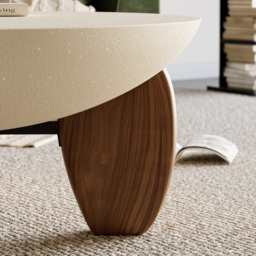 Curva Round Small Modern Beige & Walnut Coffee Table Concrete & Wood Accent Table - thumbnail 9