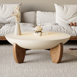 Curva Round Small Modern Beige & Walnut Coffee Table Concrete & Wood Accent Table - thumbnail 3