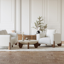 Curva Round Small Modern Beige & Walnut Coffee Table Concrete & Wood Accent Table - thumbnail 5