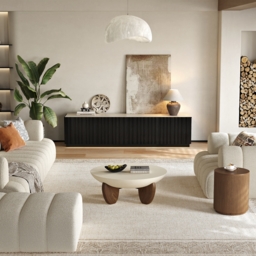 Curva Round Small Modern Beige & Walnut Coffee Table Concrete & Wood Accent Table - thumbnail 4
