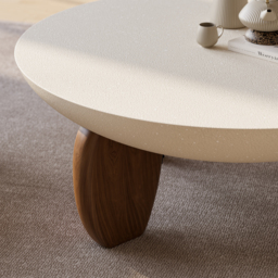 Curva Round Small Modern Beige & Walnut Coffee Table Concrete & Wood Accent Table - thumbnail 8