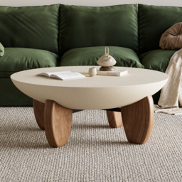 Curva Round Small Modern Beige & Walnut Coffee Table Concrete & Wood Accent Table