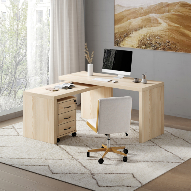 L Shaped Executive Office Desk with with Movable File Cabinet Distressed White Office Furniture (1520mm) - image 1