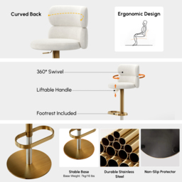 Swivel 4-Piece Bar Stool Kitchen Island Curved Back Beige Velvet Adjustable Height Gold - thumbnail 6