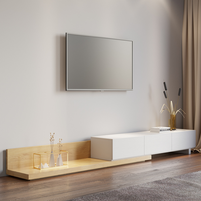Rectangle Wood Extendable TV Stand Natural and White Floor Media Console with 3 Drawers - image 1