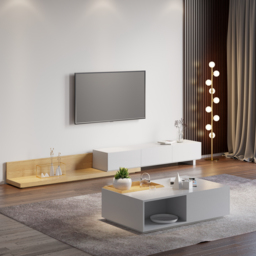 Rectangle Wood Extendable TV Stand Natural and White Floor Media Console with 3 Drawers - thumbnail 5