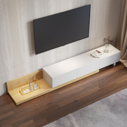 Rectangle Wood Extendable TV Stand Natural and White Floor Media Console with 3 Drawers - thumbnail 3