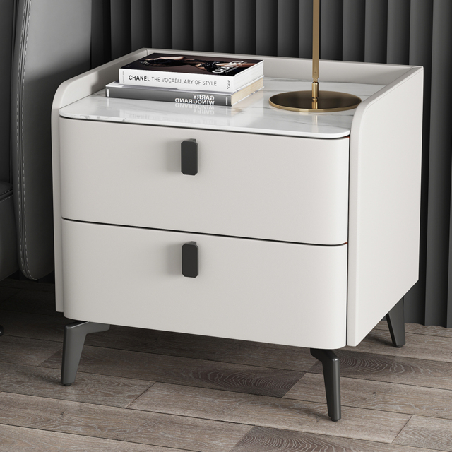 Faux Leather Nightstand with 2 Drawers White Bedside Table with Stone Top Set of 2 - image 1