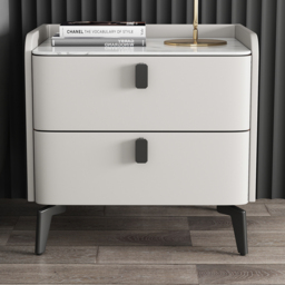 Faux Leather Nightstand with 2 Drawers White Bedside Table with Stone Top Set of 2 - thumbnail 2