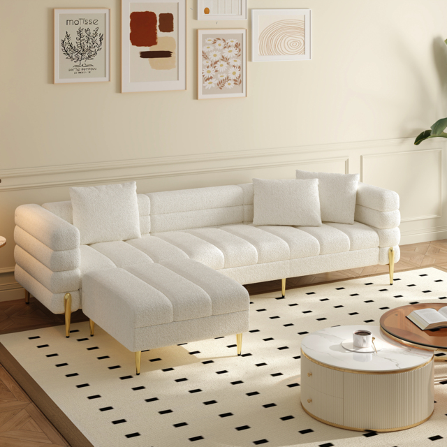 230cm Boucle Modular 4-Piece L-Shaped Couch with Chaise Modern White 3-Seater Sofa - image 1