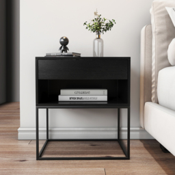 Black Modern Nightstand with Drawer and Black Metal Base Set of 2 - thumbnail 2