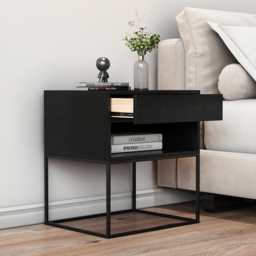 Black Modern Nightstand with Drawer and Black Metal Base Set of 2
