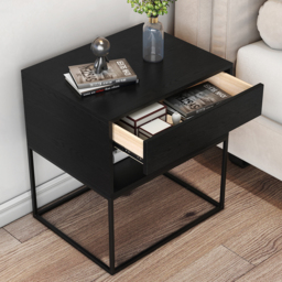 Black Modern Nightstand with Drawer and Black Metal Base Set of 2 - thumbnail 7