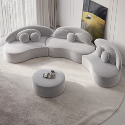 "145.7"" Velvet Curved Modular Sectional Sofa with Ottoman Light Gray Upholstered 7-Seater Sofa Set" - thumbnail 1