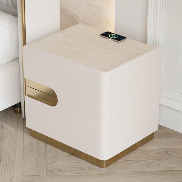 50 cm Smart 2-Drawer Bedside Table with Sintered Stone Top & Charging Station - image 1