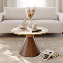 Travertine Sintered Stone Round Coffee Table Modern Walnut Living Room Furniture - thumbnail 1