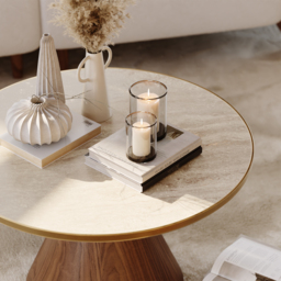 Travertine Sintered Stone Round Coffee Table Modern Walnut Living Room Furniture - thumbnail 8