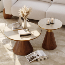 Travertine Sintered Stone Round Coffee Table Modern Walnut Living Room Furniture - thumbnail 3