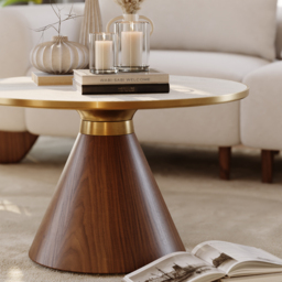 Travertine Sintered Stone Round Coffee Table Modern Walnut Living Room Furniture - thumbnail 6