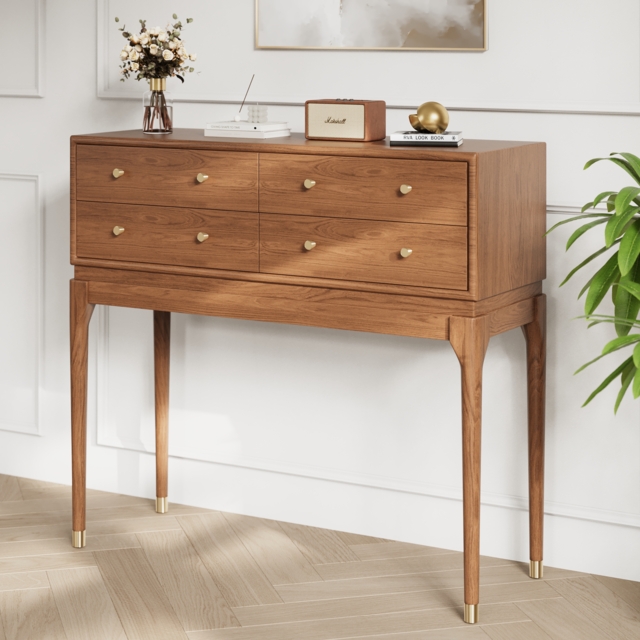 1000mm Mid Century Modern Console Table with Storage Walnut Wood Console Hall Table with 4 Drawers - image 1
