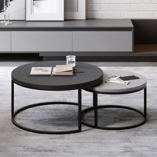 Fero 2 Pieces Modern Wood Gray & Black Round Nesting Coffee Table for Living Room - image 1